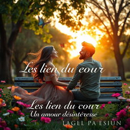 A romantic scene depicting the title "Les Lien du coeur" with the subtitle "Un amour désintéressé" elegantly placed within the image