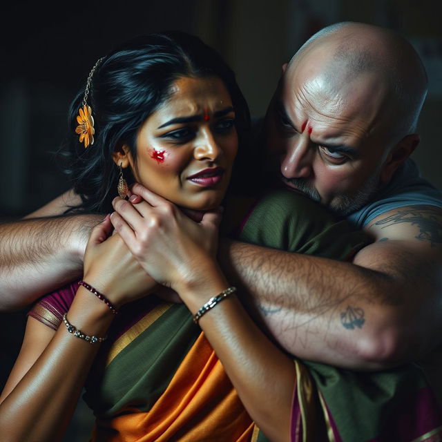 An emotionally charged scene featuring a beautiful dusky Indian female in an elegant saree, visibly bruised and cut, conveying fear as she is choked by an older, angry white pale Caucasian fat bald man