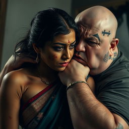 An emotionally charged scene featuring a beautiful dusky Indian female in an elegant saree, visibly bruised and cut, conveying fear as she is choked by an older, angry white pale Caucasian fat bald man