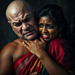 An emotionally charged scene featuring a beautiful dusky Indian female in an elegant saree, visibly bruised and cut, conveying fear as she is choked by an older, angry white pale Caucasian fat bald man