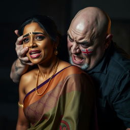 An emotionally charged scene featuring a beautiful dusky Indian female in an elegant saree, visibly bruised and cut, conveying fear as she is choked by an older, angry white pale Caucasian fat bald man