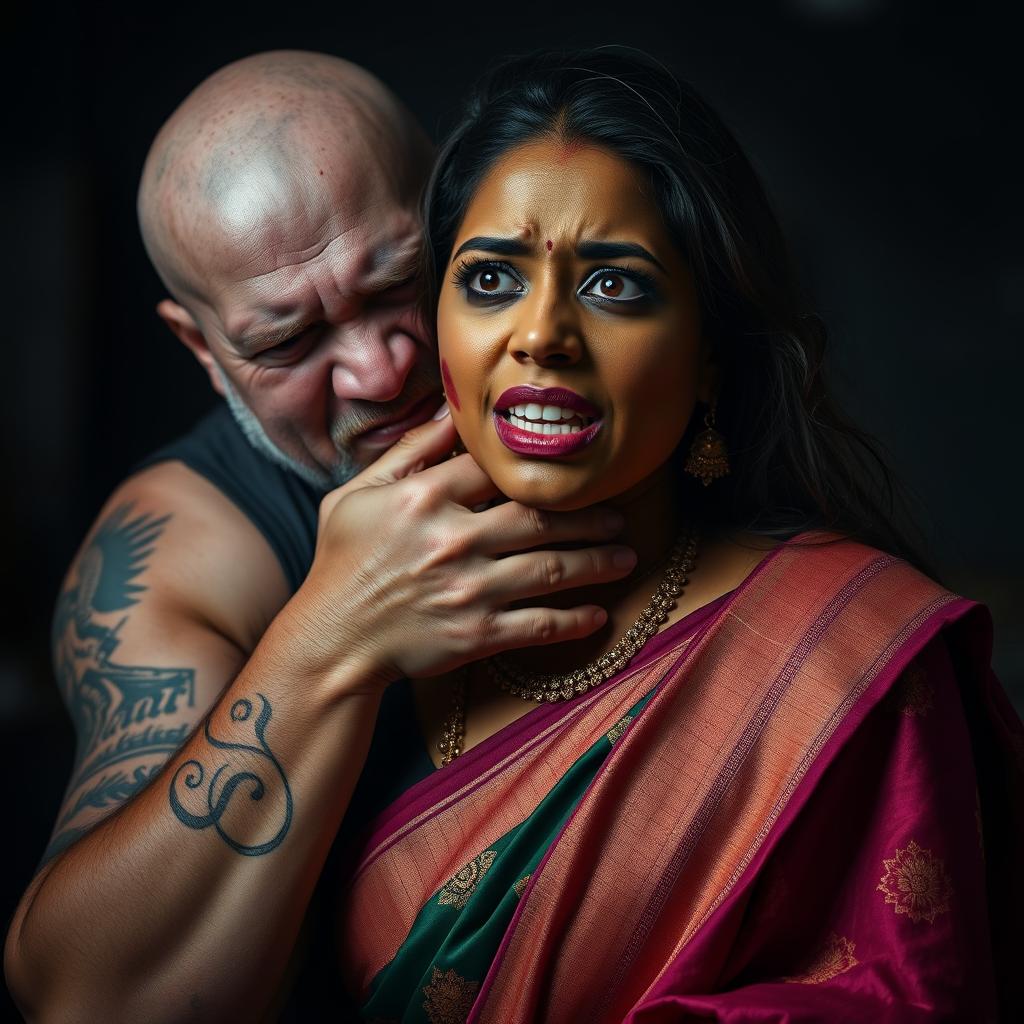 A powerful and dramatic scene portraying a beautiful dusky Indian female in an exquisite saree, visibly bruised and cut, her expression filled with fear as she is being choked by an older, angry white pale Caucasian fat bald man