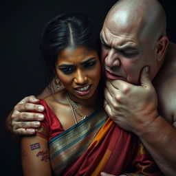 A powerful and dramatic scene portraying a beautiful dusky Indian female in an exquisite saree, visibly bruised and cut, her expression filled with fear as she is being choked by an older, angry white pale Caucasian fat bald man