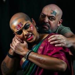 A powerful and dramatic scene portraying a beautiful dusky Indian female in an exquisite saree, visibly bruised and cut, her expression filled with fear as she is being choked by an older, angry white pale Caucasian fat bald man