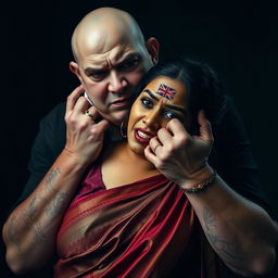 A powerful and dramatic scene portraying a beautiful dusky Indian female in an exquisite saree, visibly bruised and cut, her expression filled with fear as she is being choked by an older, angry white pale Caucasian fat bald man