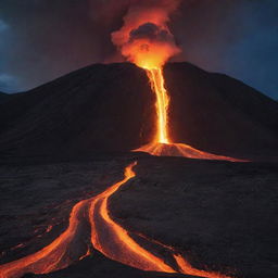 A dramatic scene of molten lava flowing from an active volcano, casting a fiery glow against a stark, night sky.