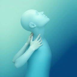 An abstract image of a person massaging their neck, using a palette of soothing blue and green colors