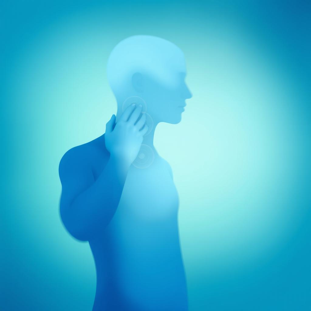 An abstract image of a person massaging their neck, using a palette of soothing blue and green colors