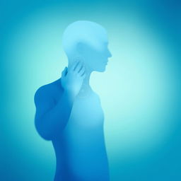 An abstract image of a person massaging their neck, using a palette of soothing blue and green colors