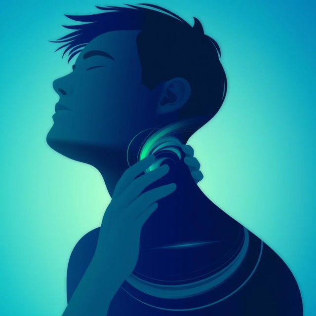 An abstract image of a person massaging their neck, using a palette of soothing blue and green colors