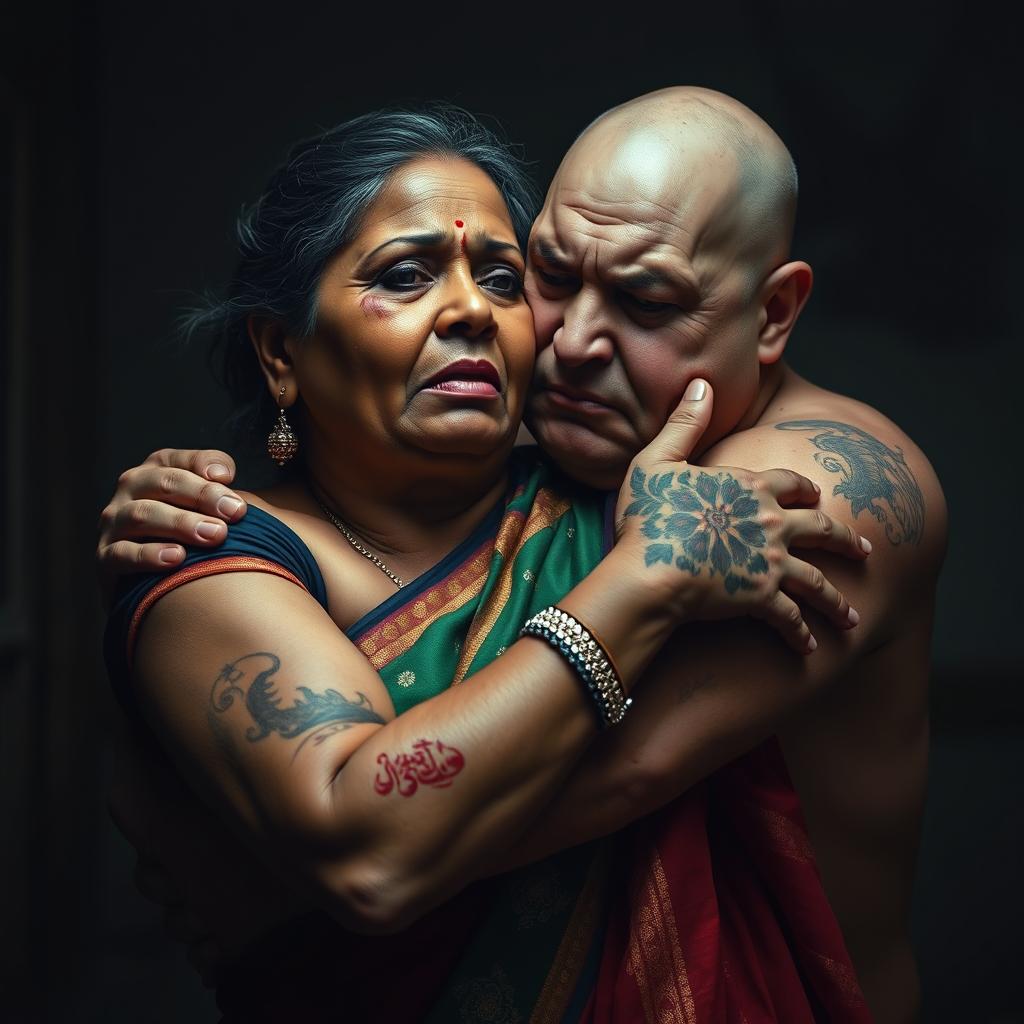 An intense and dramatic scene featuring an older, beautiful dusky Indian female in an elegant saree, visibly bruised and cut, her expression filled with fear as she is choked by an older, angry white pale Caucasian fat bald man