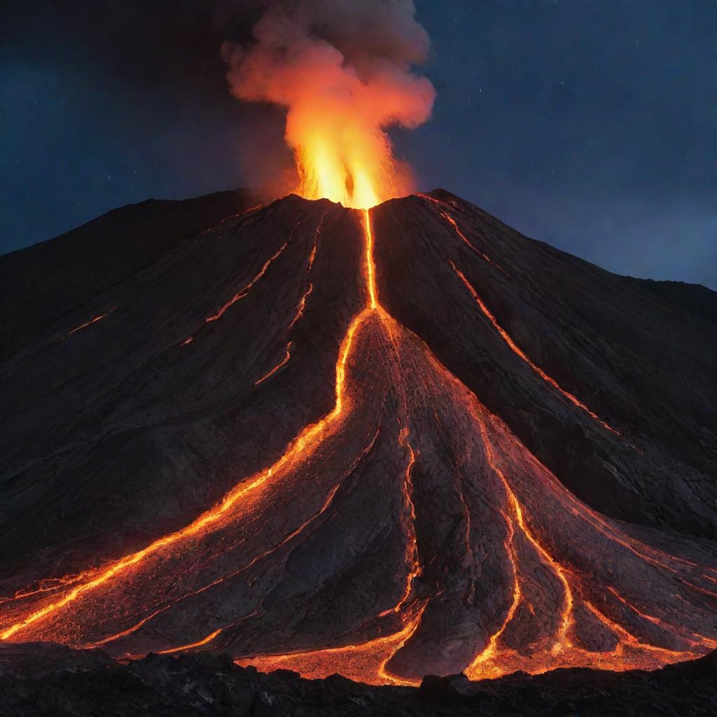 A dramatic scene of molten lava flowing from an active volcano, casting a fiery glow against a stark, night sky.