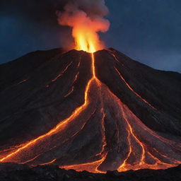 A dramatic scene of molten lava flowing from an active volcano, casting a fiery glow against a stark, night sky.