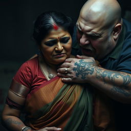 An intense and dramatic scene featuring an older, beautiful dusky Indian female in an elegant saree, visibly bruised and cut, her expression filled with fear as she is choked by an older, angry white pale Caucasian fat bald man