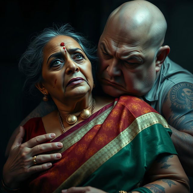 An intense and dramatic scene featuring an older, beautiful dusky Indian female in an elegant saree, visibly bruised and cut, her expression filled with fear as she is choked by an older, angry white pale Caucasian fat bald man