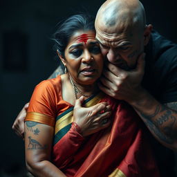 An intense and dramatic scene featuring an older, beautiful dusky Indian female in an elegant saree, visibly bruised and cut, her expression filled with fear as she is choked by an older, angry white pale Caucasian fat bald man