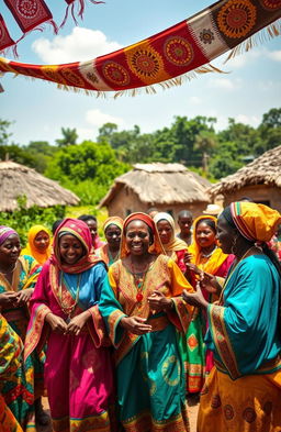 A vibrant scene capturing a lively celebration in a traditional Oromo village