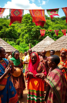 A vibrant scene capturing a lively celebration in a traditional Oromo village