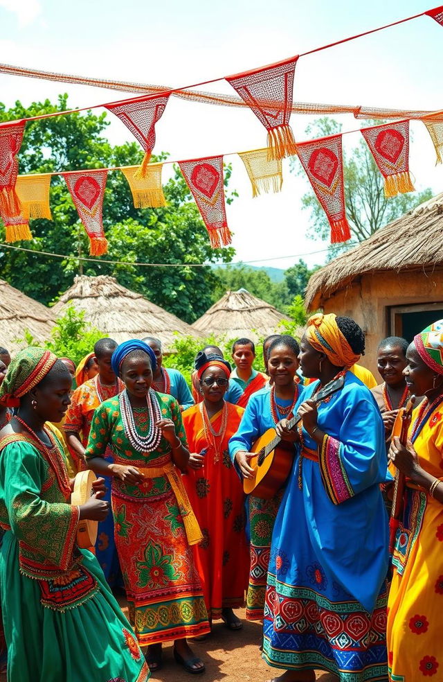 A vibrant scene capturing a lively celebration in a traditional Oromo village