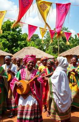 A vibrant scene capturing a lively celebration in a traditional Oromo village