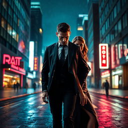 A captivating book cover in the style of dark romance, showcasing a wealthy, dominant man and a vulnerable woman in a modern urban setting at night