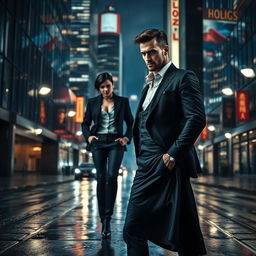 A captivating book cover in the style of dark romance, showcasing a wealthy, dominant man and a vulnerable woman in a modern urban setting at night