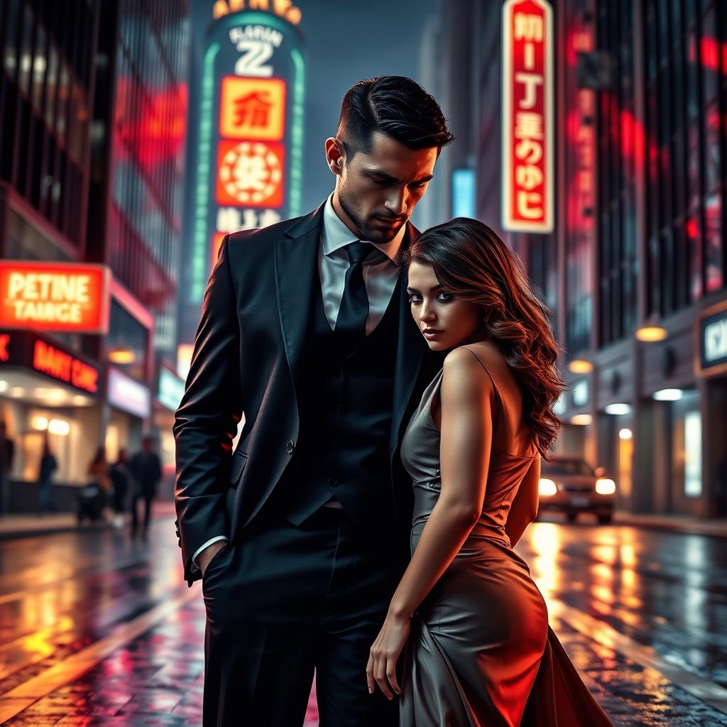 A captivating book cover in the style of dark romance, showcasing a wealthy, dominant man and a vulnerable woman in a modern urban setting at night