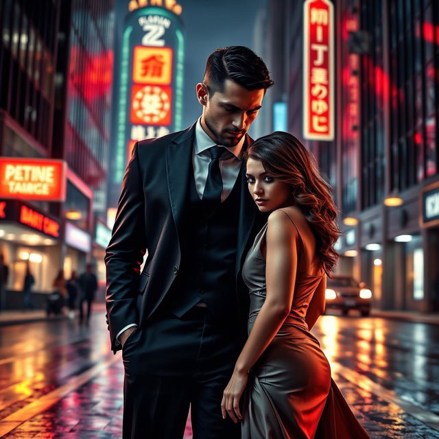 A captivating book cover in the style of dark romance, showcasing a wealthy, dominant man and a vulnerable woman in a modern urban setting at night