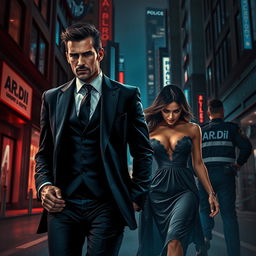 An intriguing book cover in the dark romance style, depicting a wealthy, dominant man and a vulnerable woman amidst an urban night scene