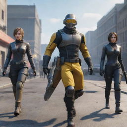 Visualize a Free Fire game scene three years into the future, featuring advanced weaponry, futuristic costumes, and cutting-edge environment.