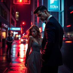 A captivating book cover in the dark romance style, featuring a wealthy, dominant man and a defenseless woman in a tense night-time urban setting