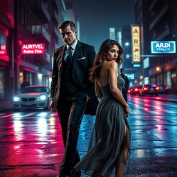 A captivating book cover in the dark romance style, featuring a wealthy, dominant man and a defenseless woman in a tense night-time urban setting