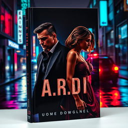 A captivating book cover in the dark romance style, featuring a wealthy, dominant man and a defenseless woman in a tense night-time urban setting