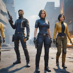 Visualize a Free Fire game scene three years into the future, featuring advanced weaponry, futuristic costumes, and cutting-edge environment.