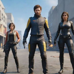 Visualize a Free Fire game scene three years into the future, featuring advanced weaponry, futuristic costumes, and cutting-edge environment.