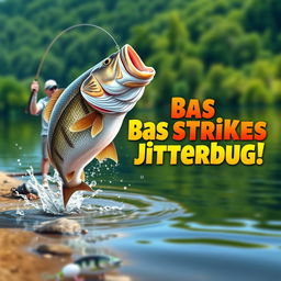 A 3D render illustrating a dynamic scene of a large bass striking a Jitterbug lure on the water surface