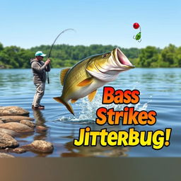 A 3D render illustrating a dynamic scene of a large bass striking a Jitterbug lure on the water surface