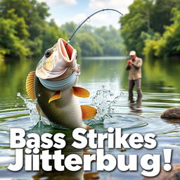 A 3D render illustrating a dynamic scene of a large bass striking a Jitterbug lure on the water surface