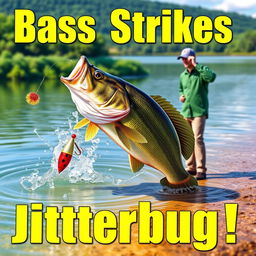 A 3D render illustrating a dynamic scene of a large bass striking a Jitterbug lure on the water surface