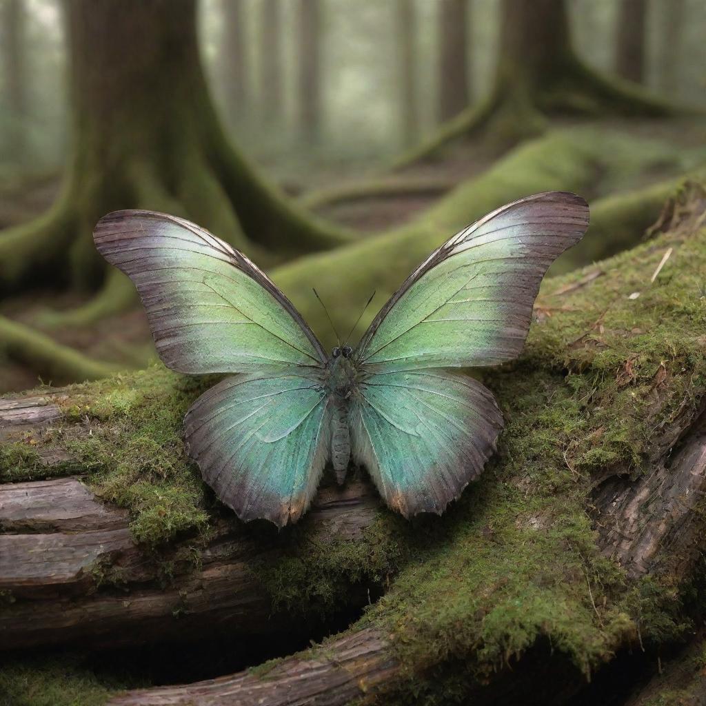 A mystical butterfly with ethereal wings, nestled among aged, moss covered logs, radiating an aura of serenity and wisdom.