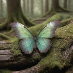 A mystical butterfly with ethereal wings, nestled among aged, moss covered logs, radiating an aura of serenity and wisdom.