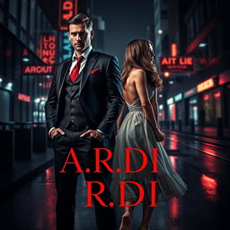 A striking book cover in the dark romance style, featuring a wealthy, dominant man and a defenseless woman in a tense night-time urban setting