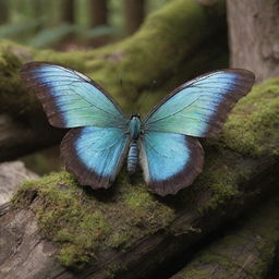 A mystical butterfly with ethereal wings, nestled among aged, moss covered logs, radiating an aura of serenity and wisdom.