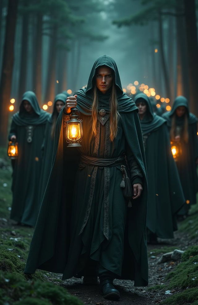 A hyper-realistic live-action image of Gildor, the fantasy elf from Lord of the Rings, depicted in a dark, enchanting forest at night