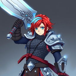 An agender human fighter with short hair that is fire red and ice blue, holding a gigantic buster sword raised high