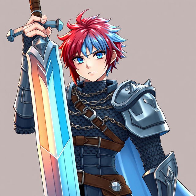 An agender human fighter with short hair that is fire red and ice blue, holding a gigantic buster sword raised high