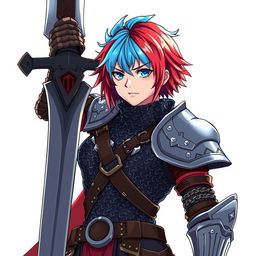 An agender human fighter with short hair that is fire red and ice blue, holding a gigantic buster sword raised high