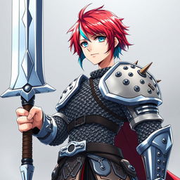 An agender human fighter with short hair that is fire red and ice blue, holding a gigantic buster sword raised high