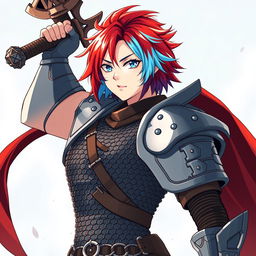 An agender human fighter with short hair that displays a striking blend of fire red and ice blue colors