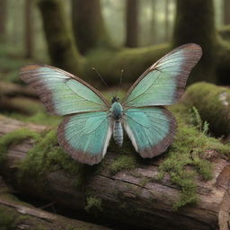 A mystical butterfly with ethereal wings, nestled among aged, moss covered logs, radiating an aura of serenity and wisdom.